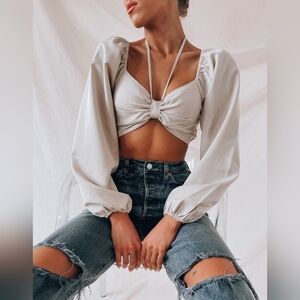 TAUPE LONG SLEEVE CROPPED TOP WITH HALTER NECK TIE